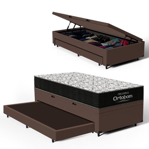Cama Box Baú com Colchão de Espuma D45 Ortobom Airtech 150 + Auxiliar Unique Solteiro 88cm