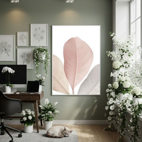 Quadro Decorativo Folhas Creme 70x50cm Mold Preta