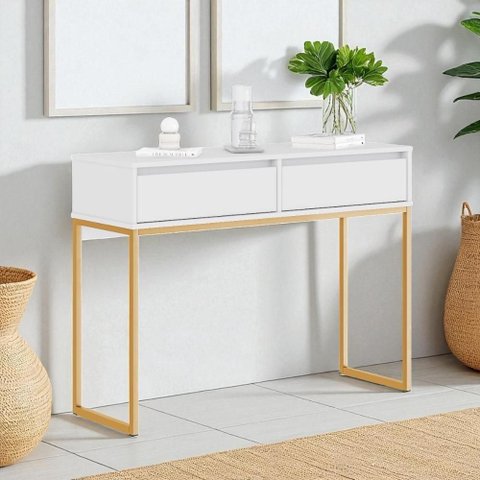 Buffet Aparador Retro Madeira 2 Gavetas Estilo Industrial - Branco Dourado
