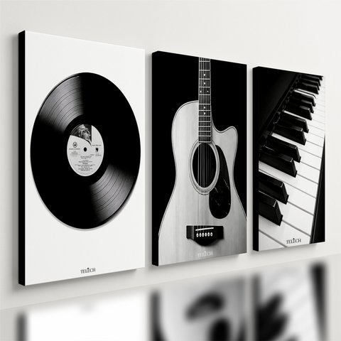 Kit 3 Quadro Decorativo Música Violão Piano Vinil Moderno 28x20cm