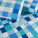 Ver imagem 5 de Kit Cobre Leito Colcha Turin Casal Estampada C/ Babado 400 Fios 3 Peças Xadrez Quadriculado Azul - 1