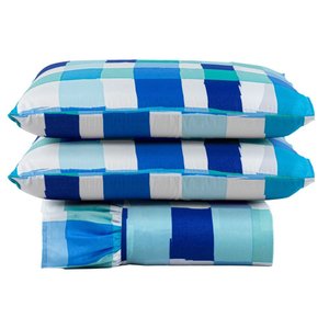 Kit Cobre Leito Colcha Turin Casal Estampada C/ Babado 400 Fios 3 Peças Xadrez Quadriculado Azul - 1