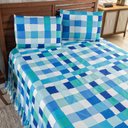 Ver imagem 3 de Kit Cobre Leito Colcha Turin Casal Estampada C/ Babado 400 Fios 3 Peças Xadrez Quadriculado Azul - 1