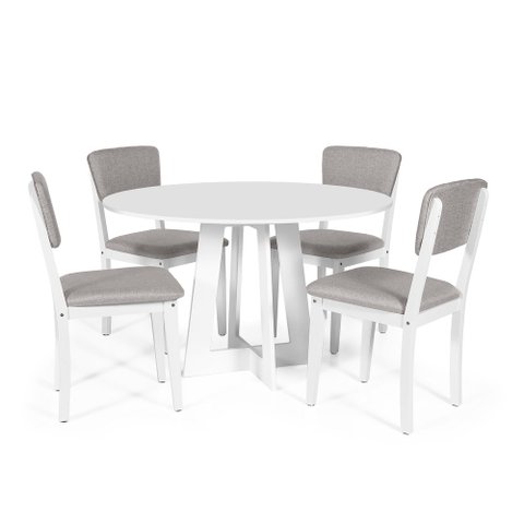 Mesa de Jantar Redonda Montreal Branca com 4 Cadeiras Estofadas Ella Branco/cinza Claro
