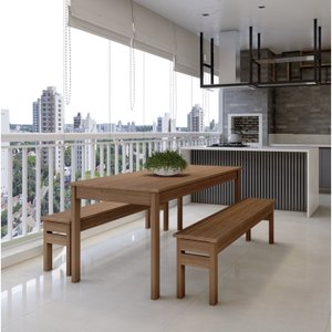 Conjunto Mesa e 2 Bancos em Madeira Maciça Ultron 