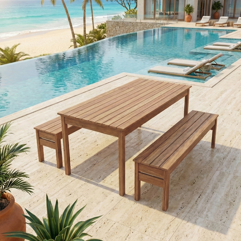 Conjunto Mesa e 2 Bancos em Madeira Maciça Ultron 