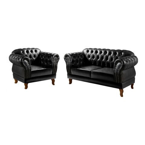 Conjunto Sofá 2 Lugares e Poltrona Dom Pedro Chesterfield Capitonê - Couríssimo Preto