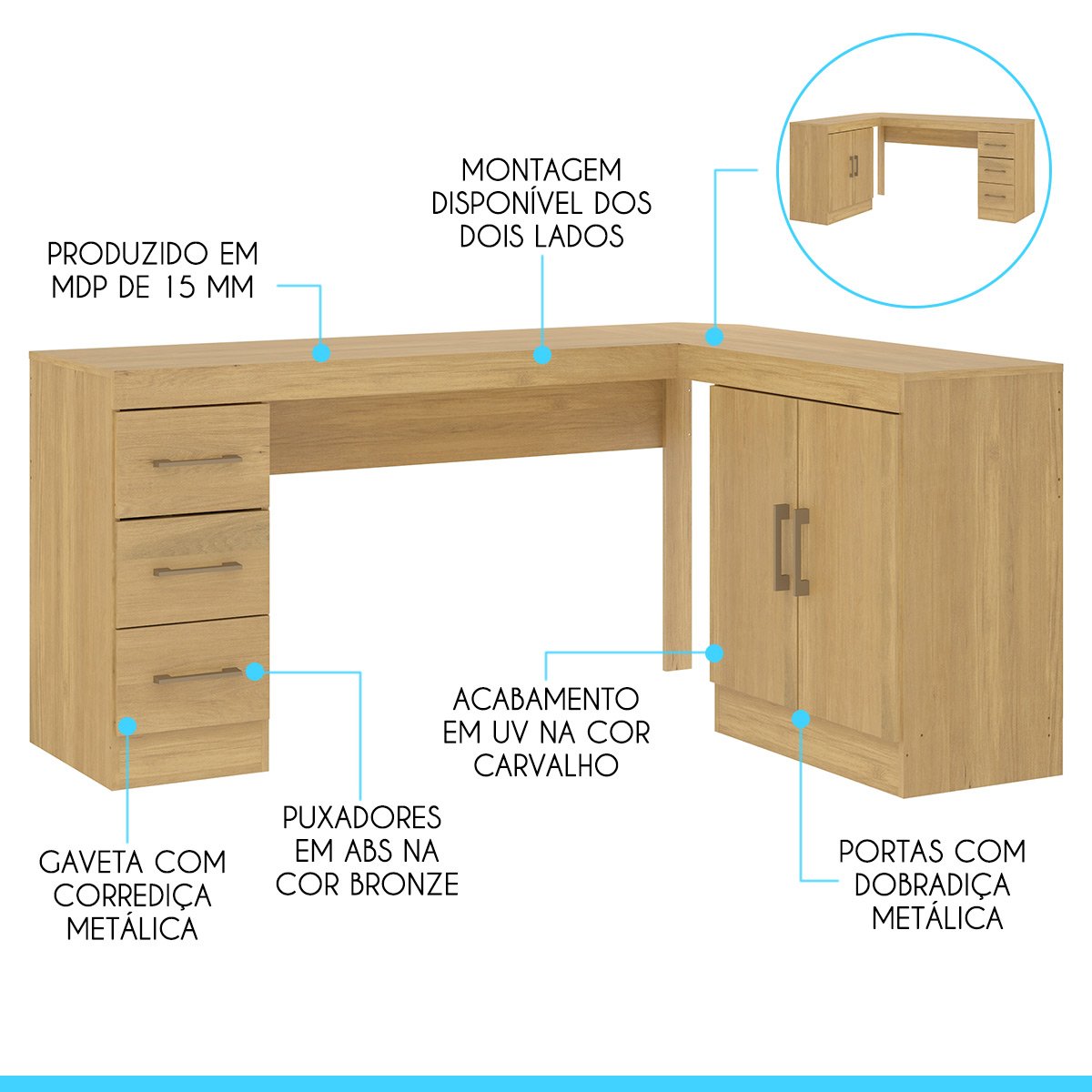 Mesa em L para Escritório com Armário Gaveteiro 120/156x75cm Carvalho 0714 - 3