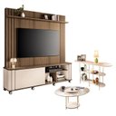 Ver imagem 1 de Estante Home Theater Trinus Castanho Off White com Mesa de Centro Sky com Tampo de Vidro e Aparador
