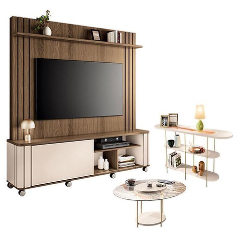 Estante Home Theater Trinus Castanho Off White com Mesa de Centro Sky com Tampo de Vidro e Aparador