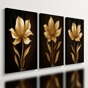 Kit 3 Quadro Decorativo Sala Flores Floral Dourado Gold 4k Qualidade Premium Luxo 40x28cm