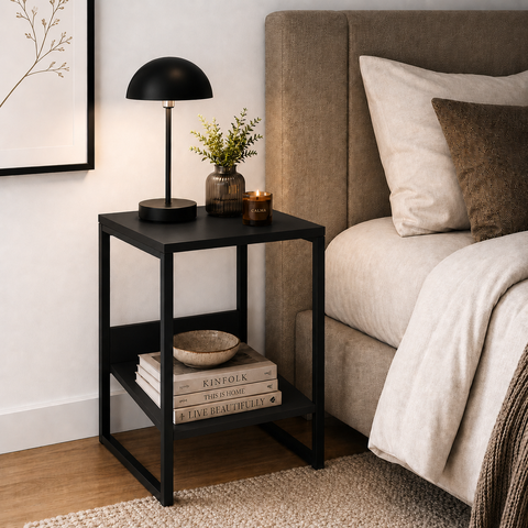 Mesa Cabeceira de Cama Criado Industrial Base de Ferro Preto Tampo Preto Tampo Preto