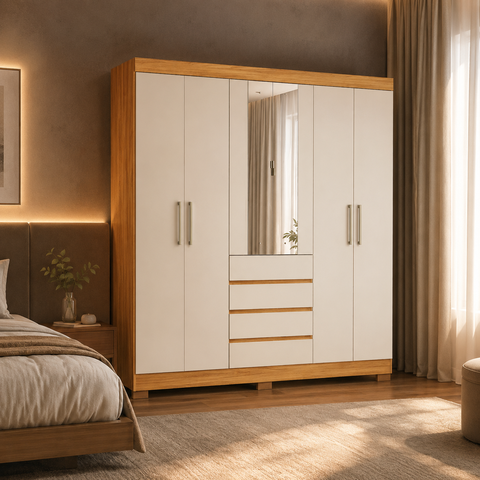 Guarda-Roupa Casal 6 Portas 4 Gavetas com Espelho Opera Cinamomo Off White Demobile