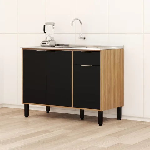 Balcão 120cm 3 Portas Thalita Yescasa Marrom/Nogal Manchester/Preto