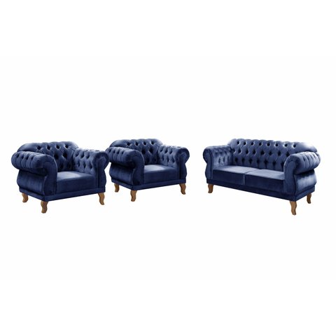 Kit Namoradeira Duquesa Chesterfield 2 Lugares + 2 Poltronas Decoração Sala Recepção - Suede Azul Ma