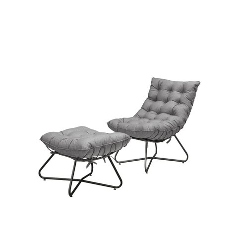 Poltrona Costela Luxo com Puff Eva Metal Preto - Linho Cinza