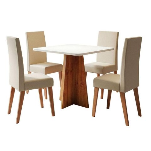 Conjunto Sala de Jantar Mesa Quadrada 0,90m Moove 4 Cadeiras Linho Milano Viero Madeirado / Creme