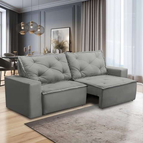 Sofá Retrátil e Reclinável 3 Lugares com Molas 1,80m Aline Suede Cinza Rover e Beato