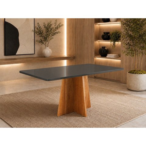 Mesa de Jantar 6 Lugares Retangular com Vidro Aires Mel e Grafite