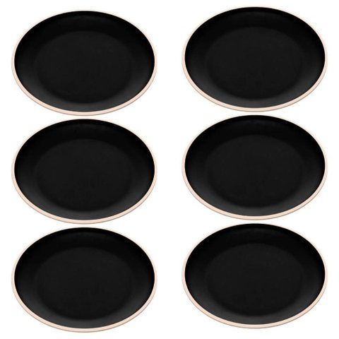 Jogo 6 Pratos de Sobremesa 21,5cm de Melamina Class Preto Raso Lanches Bolos Tortas Wolff