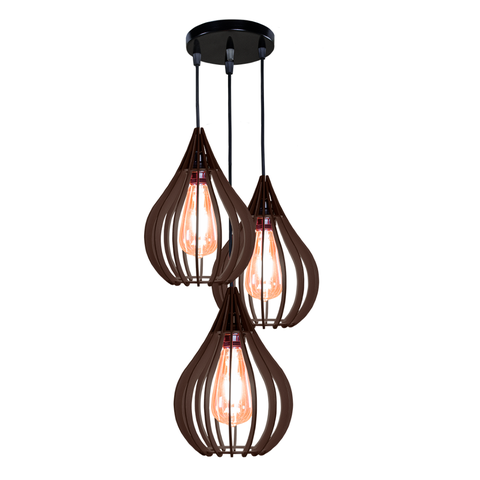 Kit Trio Pendente Chile, Luminária de Teto Cozinha e Sala, Lustre Gota Rústico em Madeira MDF (18x25