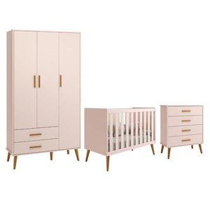 Dormitório Infantil Isis Guarda Roupa 3 Portas, Cômoda e Berço Rosa - Reller Móveis Rosa