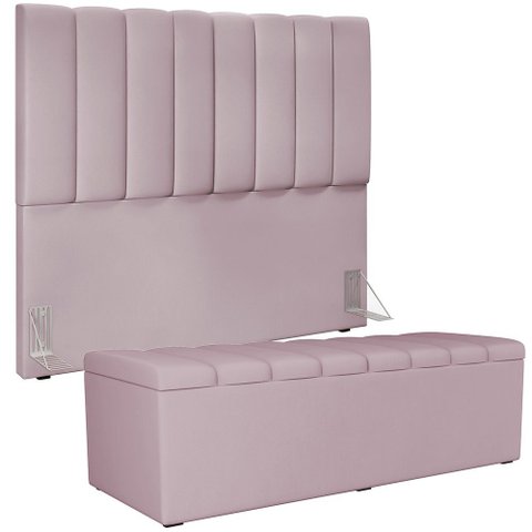 Kit Cabeceira Cama Box Casal 140cm com Calçadeira Recamier Baú Dália W01 Suede Rosê - Lyam