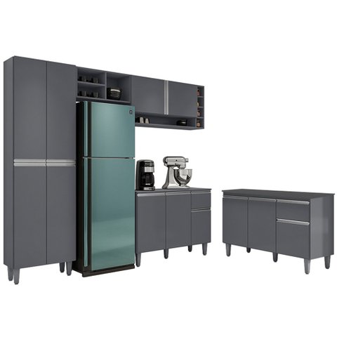 Cozinha Compacta Vanessa e Balcão Gabinete com Tampo Tatiane 120cm Cinza - Ajl Móveis
