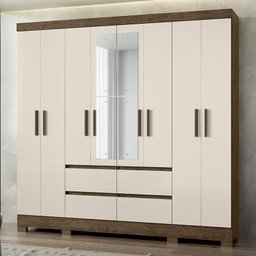 Guarda Roupa Casal Belém 8 Portas e 4 Gavetas com Espelho Castanho Wood/off White - Pr Móveis - 2