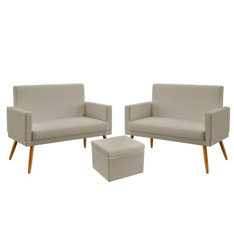 Kit 2 Poltronas Namoradeira Vega com Rodapé e Puff Quasar Courino Bege Aradecor