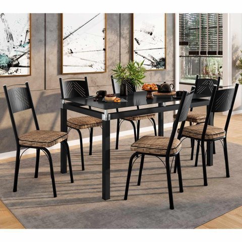 Conjunto Mesa de Jantar Tubular 151 Malva 6 Lugares Tampo Vidro Temperado Preto Assento Rattan Combo