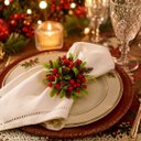 Ver imagem 2 de Kit 4 Porta Guardanapos Decorado Natalino Argola com Folhagens Pinhas e Berries Mesa Posta Natal 10C