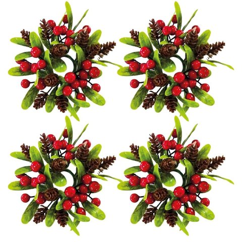 Kit 4 Porta Guardanapos Decorado Natalino Argola com Folhagens Pinhas e Berries Mesa Posta Natal 10C