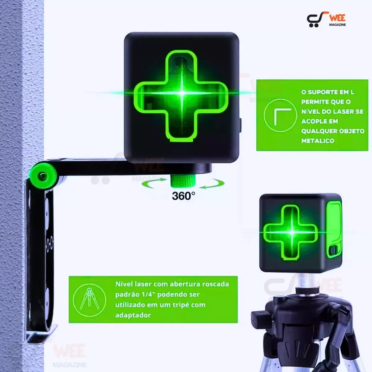 Nível a Laser Verde 20m 2 Linhas Profissional com Suporte - 6