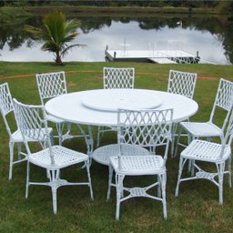 Conjunto de Jardim Piscina Bambú com Mesa Giratória 8 Cadeiras Aluminio Fundio + Ombrelone - 2