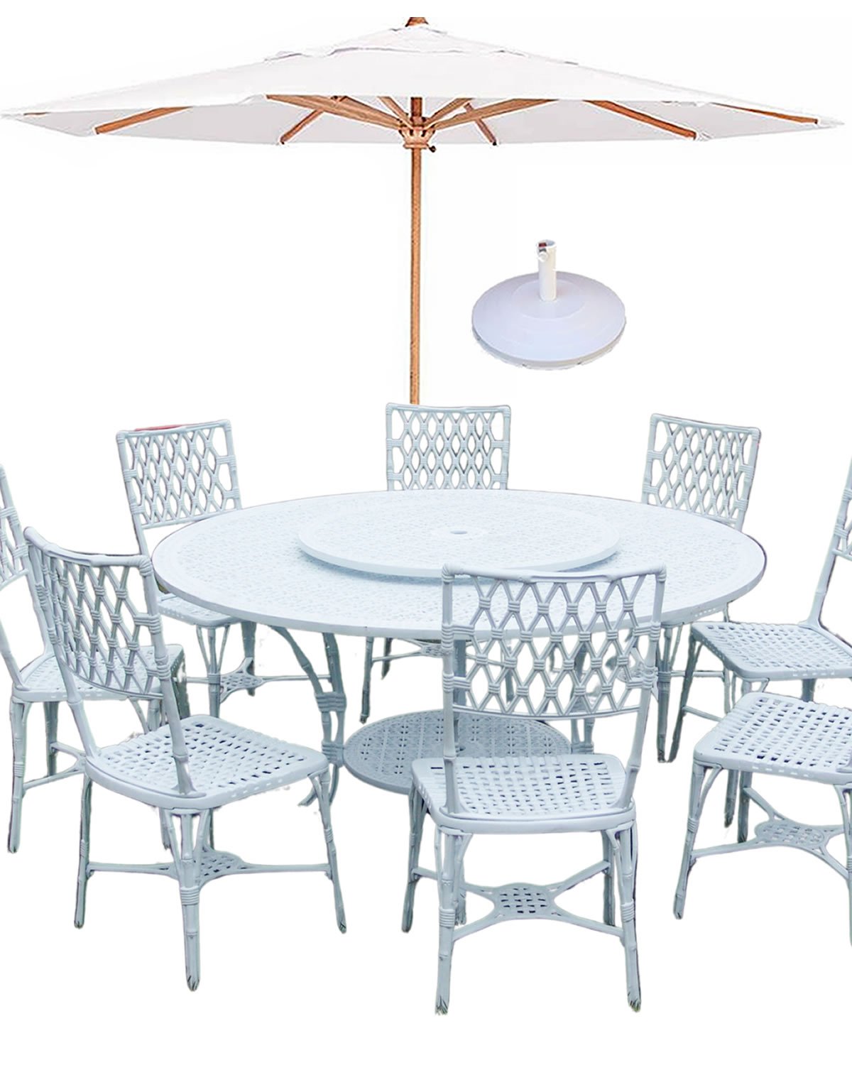 Conjunto de Jardim Piscina Bambú com Mesa Giratória 8 Cadeiras Aluminio Fundio + Ombrelone
