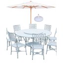 Ver imagem 1 de Conjunto de Jardim Piscina Bambú com Mesa Giratória 8 Cadeiras Aluminio Fundio + Ombrelone