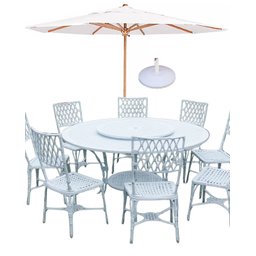 Conjunto de Jardim Piscina Bambú com Mesa Giratória 8 Cadeiras Aluminio Fundio + Ombrelone - 1