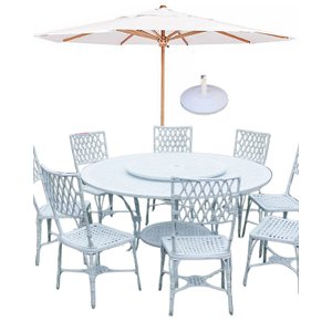 Conjunto de Jardim Piscina Bambú com Mesa Giratória 8 Cadeiras Aluminio Fundio + Ombrelone
