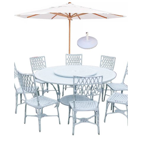 Conjunto de Jardim Piscina Bambú com Mesa Giratória 8 Cadeiras Aluminio Fundio + Ombrelone