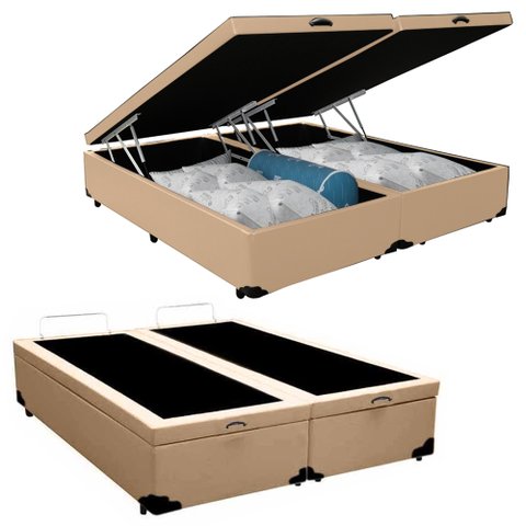 Cama Box Baú King Bipartido Sintético Bege Emth 193x203x40
