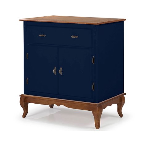 Balcão Buffet Aparador Florença 80cm 2 Portas 1 Gaveta Pés Luiz Xv - Laca Azul Bic/ Imbuia