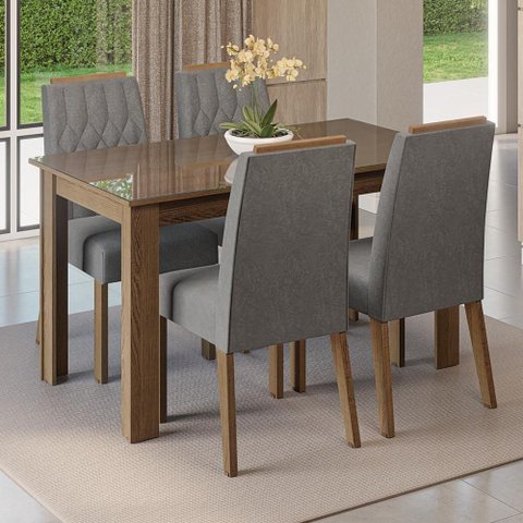 Conjunto Sala de Jantar Tampo de Vidro 4 Cadeiras Rustic/Silver Pétala Madesa