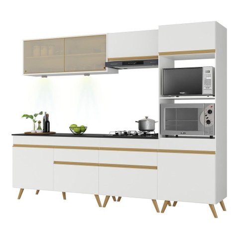 Armário de Cozinha Completa 252cm com Leds Veneza Up Multimóveis V2037 Branco/dourado
