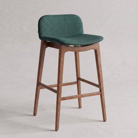 Banqueta Alta Arabella Madeira Maciça Estofada Encosto Curvo Linho Verde - Desk Design
