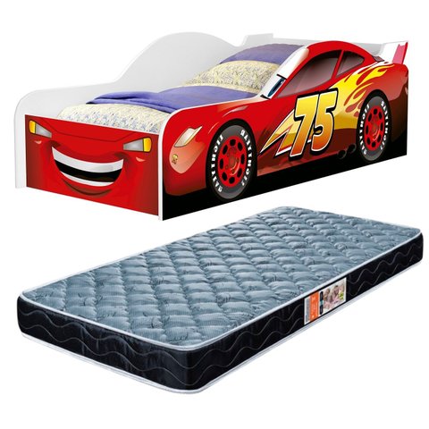 Cama Carro de Solteiro com Proteção Lateral de Mdf Adesivada Mcqueen Vermelho + Colchão D20