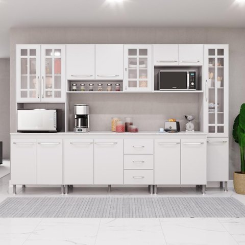 Cozinha Modulada Completa Fidelitá Viena 6 Peças 295cm 15 Portas 3 Gavetas com Tampo Branco