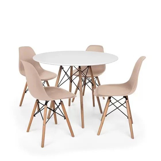 Conjunto Mesa Jantar Eiffel Branca 80cm + 4 Cadeiras Charles Eames Nude
