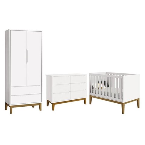 Dormitório Completo Infantil Classic 2 Portas, Cômoda 6 Gavetas e Berço Branco Fosco com Pés Amadeir
