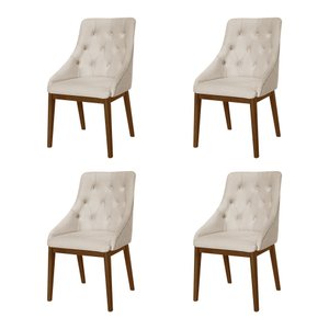 Kit 4 Cadeiras de Jantar Luxo Estofada Elisa Anatômica Capitonê Linho Bege Base Madeira Maciça Imbui